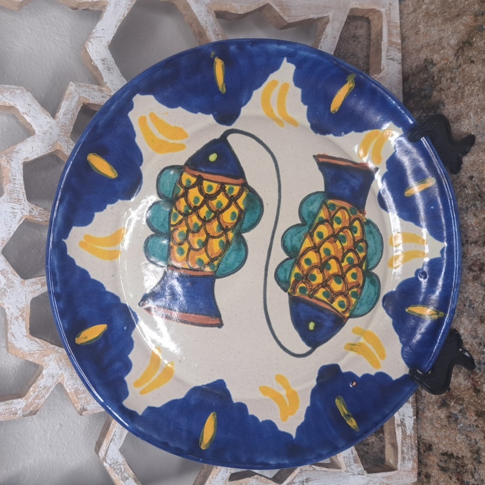 Mexican Decor Fish Plate Cobalt Blue Yellow Ceramic Pottery 8.5"
